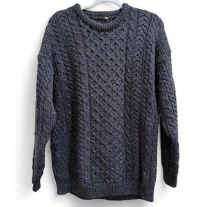 Irish Pure New Wool Gray Knit Aran Fisherman Long Sleeve Sweater Pullover- Large